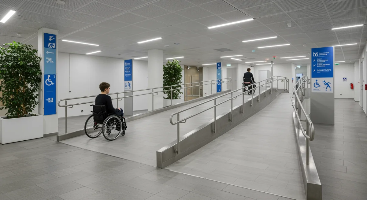 Pessoa em cadeira de rodas utilizando rampa em ambiente de trabalho, ilustrando acessibilidade física.