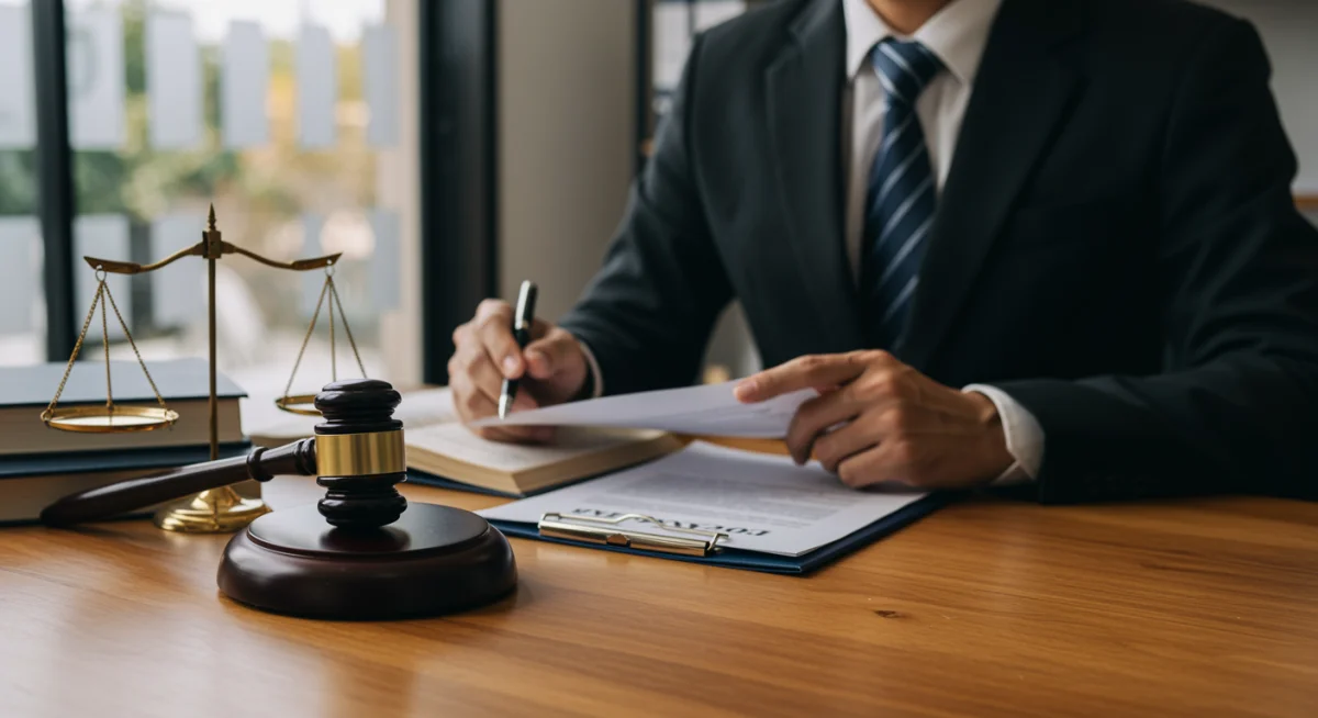Advogado especializado em direito imobiliário analisando documentos de desapropriação, com livros de leis e uma balança da justiça ao fundo.