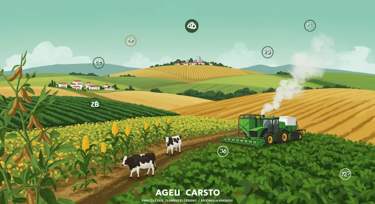 Paisagem agrícola brasileira com diversas culturas e gado, ilustrando a força do agronegócio nas exportações.