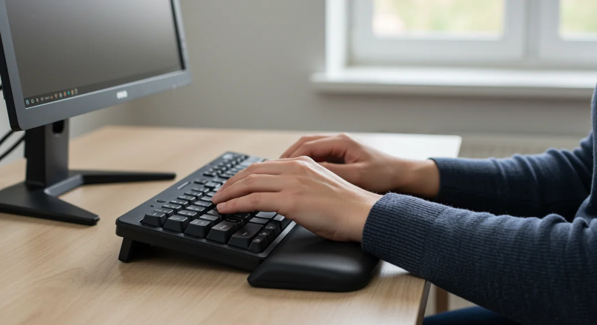 Detalhe das mãos digitando com apoio ergonômico para os punhos, ilustrando um ajuste essencial de ergonomia.