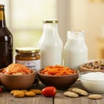 Alimentos fermentados e probióticos variados que promovem a saúde intestinal e fortalecem a imunidade.