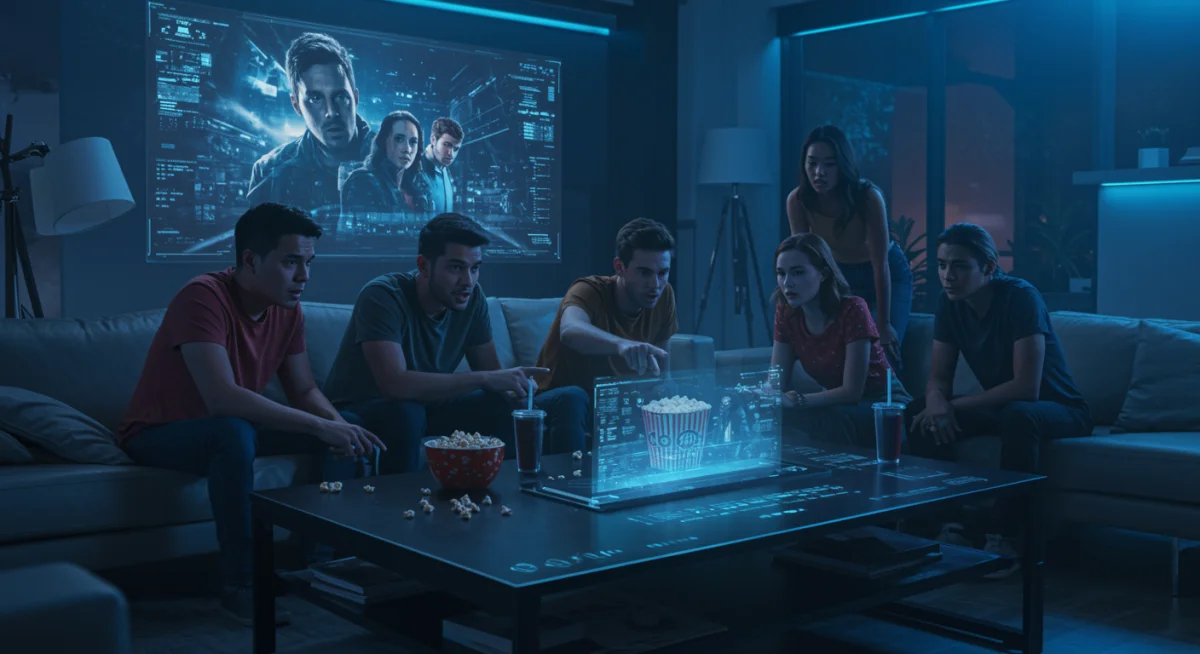 Amigos assistindo a uma série de ficção científica em uma tela holográfica em 2025.