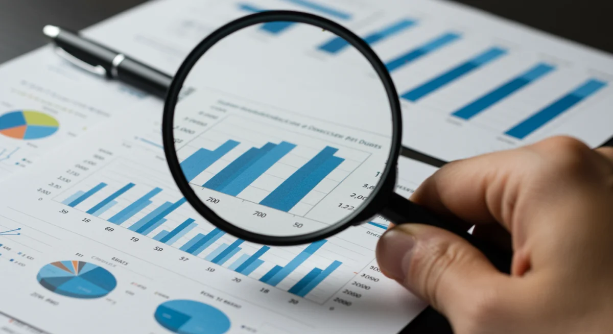 Mão segurando lupa sobre relatório financeiro, simbolizando análise fiscal e estratégica.