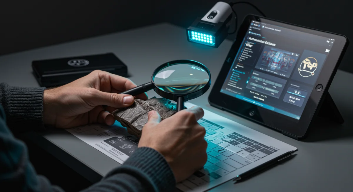 Especialista examinando um colecionável de cultura pop com lupa e luz UV para verificar autenticidade e evitar falsificações.