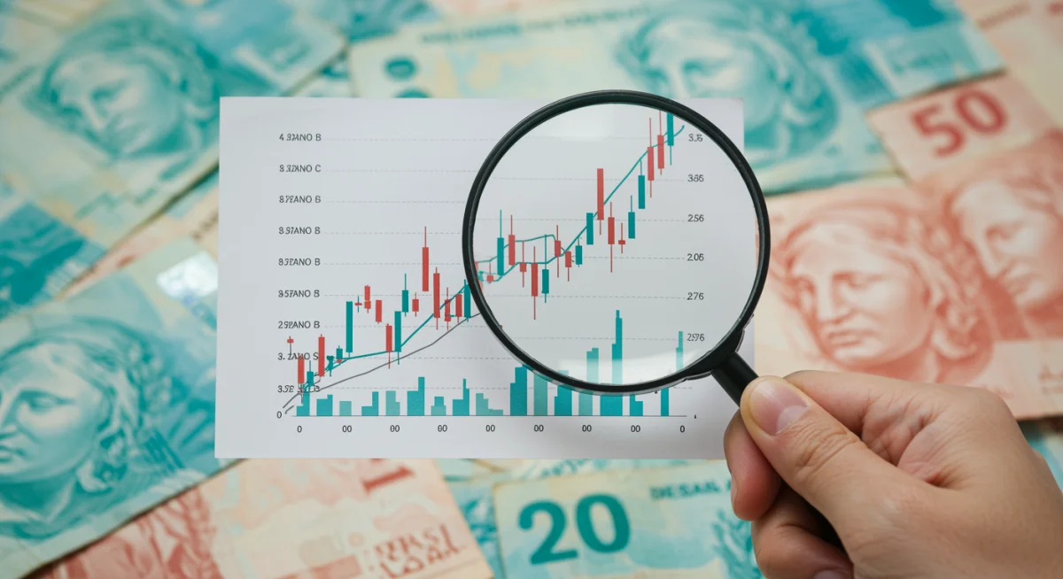 Mão com lupa analisando gráficos de juros e inflação, representando o monitoramento do Banco Central.