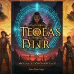 Capa de livro de fantasia brasileira com símbolos mágicos e personagens diversos