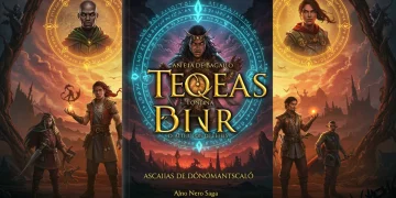 Capa de livro de fantasia brasileira com símbolos mágicos e personagens diversos