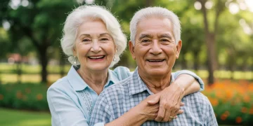 Casal idoso brasileiro sorrindo em um parque ensolarado, simbolizando a dignidade e o bem-estar na melhor idade.