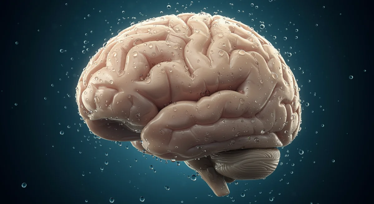 Cérebro com gotas de água, representando a relação entre hidratação e função cognitiva.