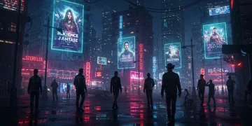 Paisagem urbana futurista com anúncios holográficos de séries de ficção científica e fantasia em 2025.