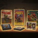 Colecionáveis de cultura pop valiosos, incluindo bonecos, quadrinhos e jogos antigos, em uma prateleira iluminada.