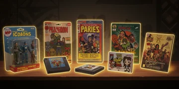 Colecionáveis de cultura pop valiosos, incluindo bonecos, quadrinhos e jogos antigos, em uma prateleira iluminada.