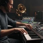 Música em jogos: 6 trilhas sonoras revolucionárias em 2024 e o impacto em 2025 Compositor criando intensamente uma trilha sonora inovadora em estúdio, com instrumentos musicais e equipamentos de áudio de alta tecnologia, simbolizando a fusão da arte musical com a tecnologia de games.