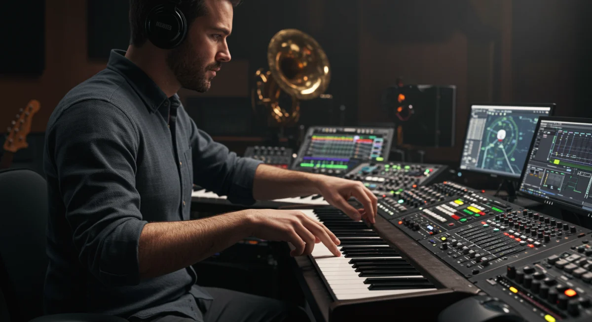 Compositor criando intensamente uma trilha sonora inovadora em estúdio, com instrumentos musicais e equipamentos de áudio de alta tecnologia, simbolizando a fusão da arte musical com a tecnologia de games.