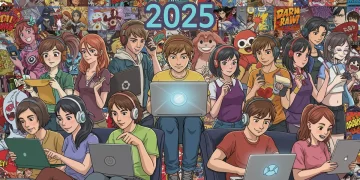 Jovens fãs interagindo em comunidades online de cultura pop no Brasil em 2025, com referências diversas.