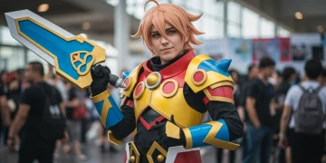 Cosplayer fantasiado de personagem popular de anime em uma convenção, exibindo traje detalhado e de alta qualidade.