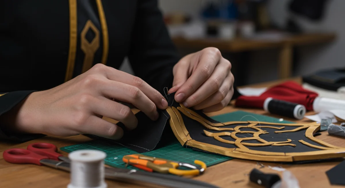 Mãos de cosplayer trabalhando em detalhes de um traje, com agulhas, tecidos e tintas em uma bancada.