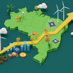 PIB Brasileiro 2025: Setores-Chave para Investimento Gráfico de crescimento econômico sobre mapa do Brasil com símbolos de investimento