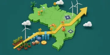 Gráfico de crescimento econômico sobre mapa do Brasil com símbolos de investimento
