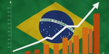 Gráfico de crescimento econômico do Brasil com projeções para 2025 e elementos visuais de desigualdade de renda.