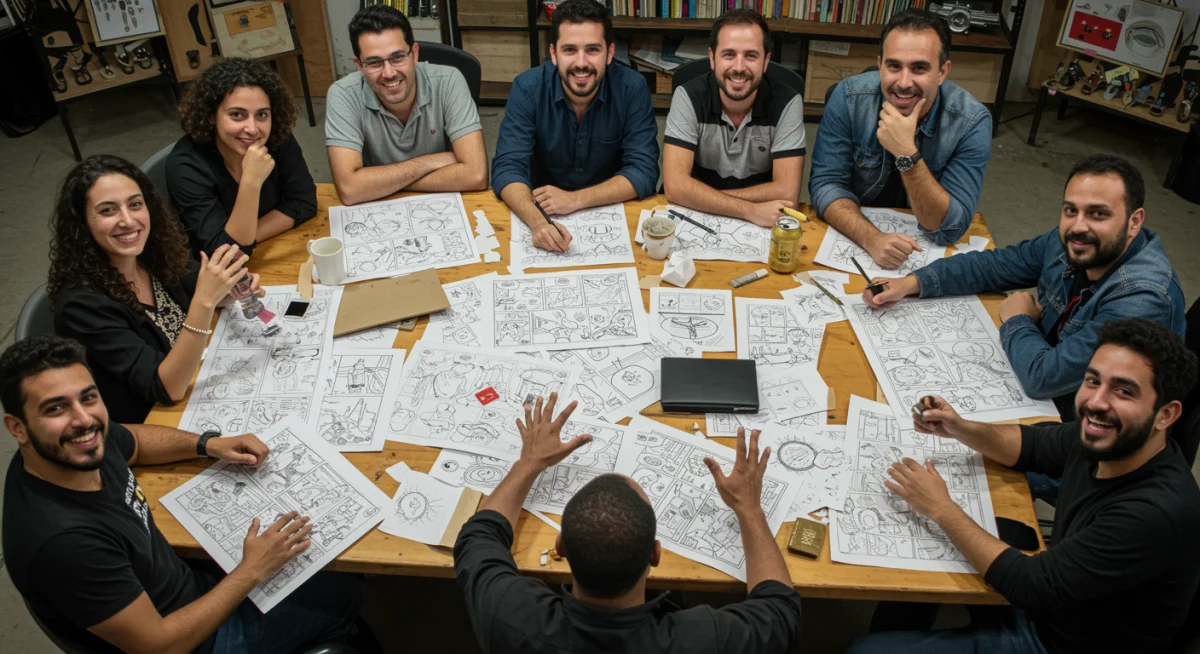 Criadores de quadrinhos brasileiros em reunião, discutindo ideias e colaborando em novos projetos para o mercado nacional.