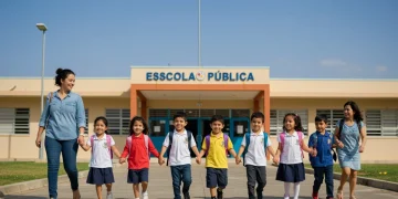 Crianças diversas e felizes caminhando em direção a uma escola pública moderna, simbolizando o acesso à educação e o direito de todos.