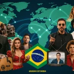 Cultura Pop Brasileira: Destaques Internacionais 2024 e Expectativas 2025 Colagem vibrante de produções da cultura pop brasileira que se destacaram internacionalmente em 2024, com elementos de cinema, música e TV.
