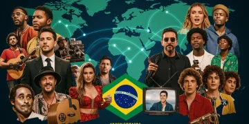 Colagem vibrante de produções da cultura pop brasileira que se destacaram internacionalmente em 2024, com elementos de cinema, música e TV.