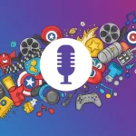 Ícones de cultura pop e microfone, representando podcasts de cultura pop no Brasil em 2024.