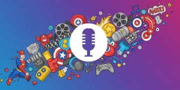 Ícones de cultura pop e microfone, representando podcasts de cultura pop no Brasil em 2024.