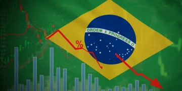 Gráfico mostrando a redução do déficit fiscal brasileiro para 0,5% do PIB em 2025, com elementos que representam estabilidade econômica e planejamento governamental.