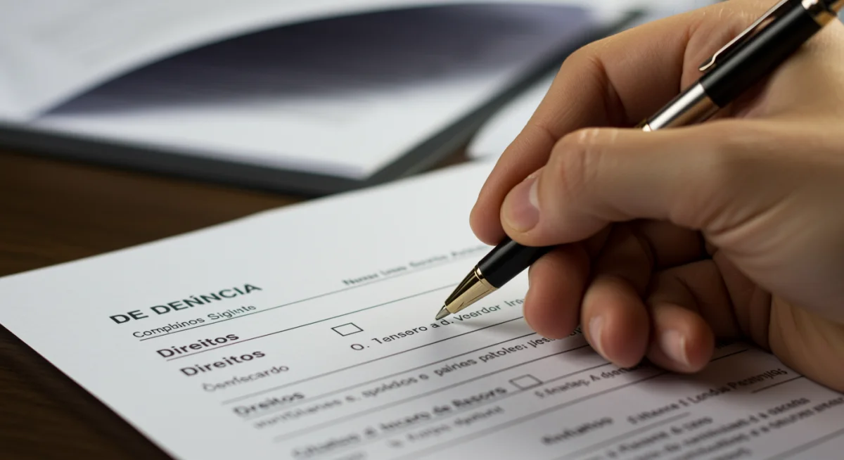 Mão segurando uma caneta sobre um formulário de denúncia de discriminação no trabalho, com termos como 'denúncia' e 'direitos' em destaque, simbolizando o ato de formalizar uma queixa.