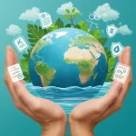 Mãos segurando o planeta Terra com símbolos de proteção ambiental e justiça, representando o Direito Ambiental e a denúncia de crimes contra a natureza.