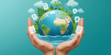 Mãos segurando o planeta Terra com símbolos de proteção ambiental e justiça, representando o Direito Ambiental e a denúncia de crimes contra a natureza.