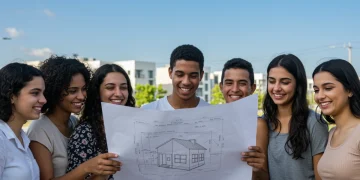 Pessoas felizes olhando planta de casa, simbolizando o direito à moradia e a conquista da casa própria no Brasil.