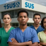 Pessoas diversas em frente a um hospital, simbolizando o direito à saúde no SUS e acesso a tratamentos de alta complexidade.