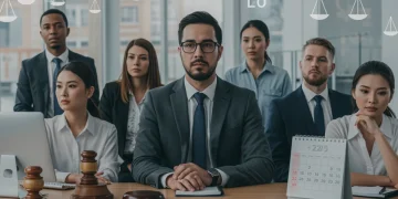 Profissionais diversos em um ambiente de trabalho moderno, alguns com expressões de preocupação e outros de apoio, com símbolos legais e um calendário de 2025, representando a luta contra a discriminação.