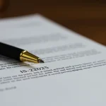 Documento legal e caneta, simbolizando o acesso à justiça gratuita em 2025 e a importância dos critérios e documentos necessários.