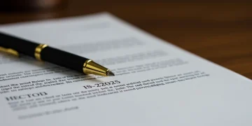 Documento legal e caneta, simbolizando o acesso à justiça gratuita em 2025 e a importância dos critérios e documentos necessários.