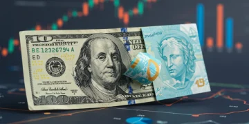 Dólar e Real entrelaçados com gráficos econômicos, simbolizando a complexidade do preço do dólar em 2025.