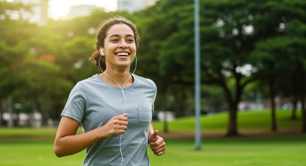 Pessoa sorrindo e correndo em um parque, demonstrando energia e bem-estar