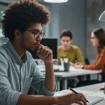 Estagiário focado trabalhando em escritório moderno, simbolizando aprendizado e desenvolvimento profissional em 2025.