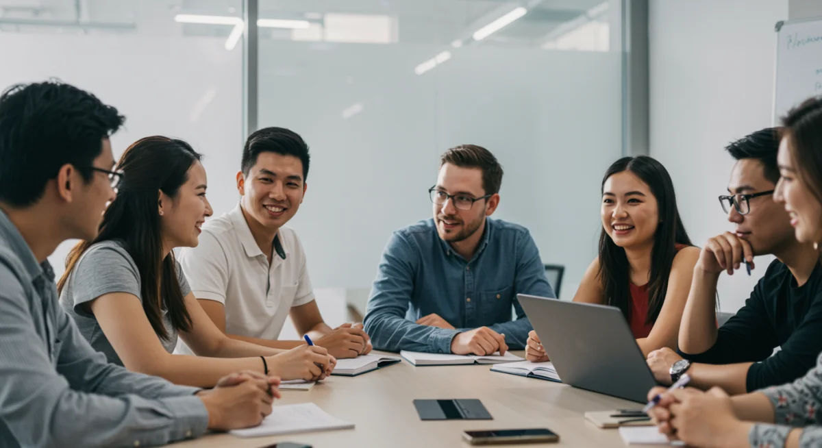 Grupo de estagiários e mentor discutindo em sala de reunião, representando orientação e aprendizado colaborativo.