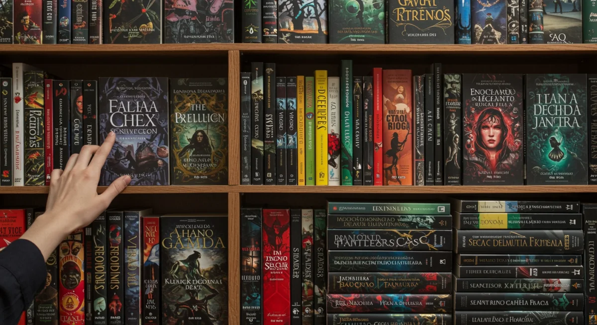 Estante repleta de livros de fantasia, com destaque para autores brasileiros