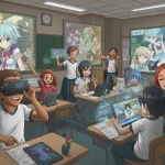 Estudantes brasileiros engajados com animes e games em um ambiente de aprendizado inovador.