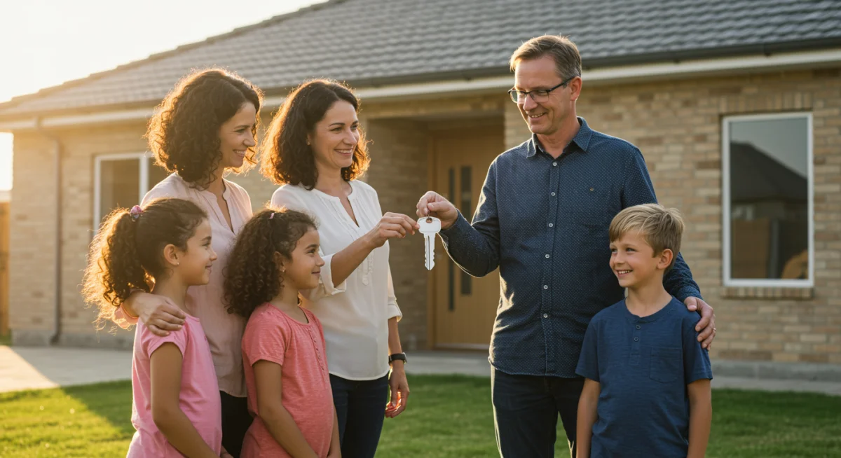 Família recebendo chaves da casa própria de representante do governo, simbolizando a realização do sonho da moradia digna.