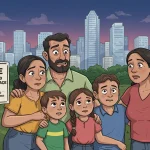 Família brasileira observa aviso de desapropriação com preocupação, em frente à sua casa, com o horizonte de uma cidade moderna ao fundo.