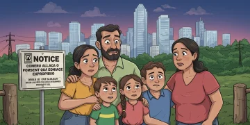 Família brasileira observa aviso de desapropriação com preocupação, em frente à sua casa, com o horizonte de uma cidade moderna ao fundo.