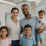 Novas Diretrizes de Vacinação em 2025: O que muda para sua família no Brasil? Família sorrindo em clínica, representando saúde e vacinação em 2025 no Brasil