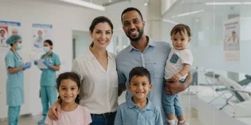 Família sorrindo em clínica, representando saúde e vacinação em 2025 no Brasil